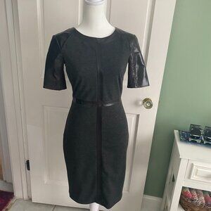 Sleek June dress with edgy leather sleeve contrast